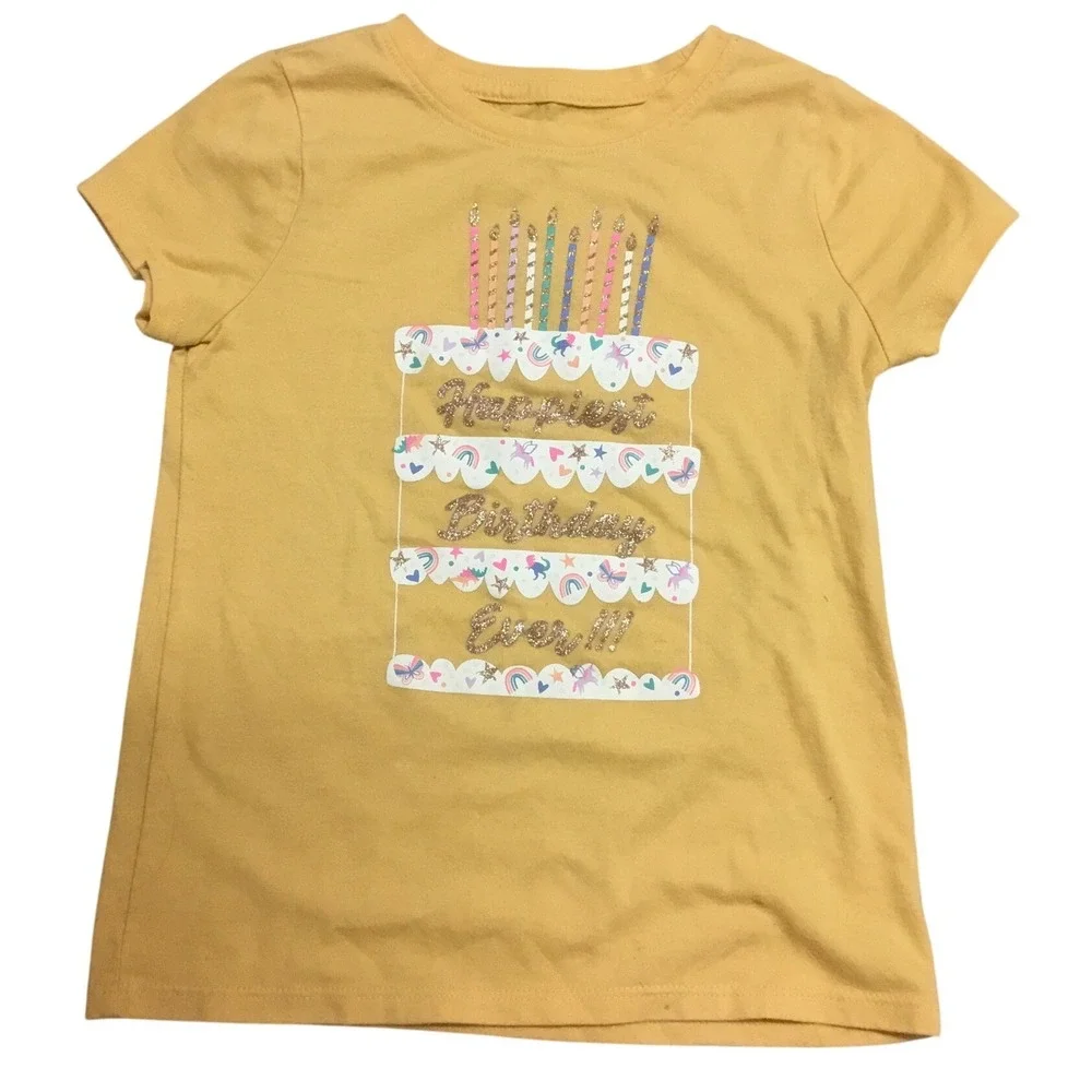 Cat & Jack Birthday Cake T-Shirt Girls XS 4/5 Yellow‎ Excellent Glitter Graphic